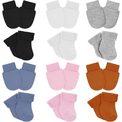 6 Pack Preemie Mittens and Socks Set Newborn Baby Mittens and Socks Set No Scratch Preemie Gloves Cotton for Boys Girls