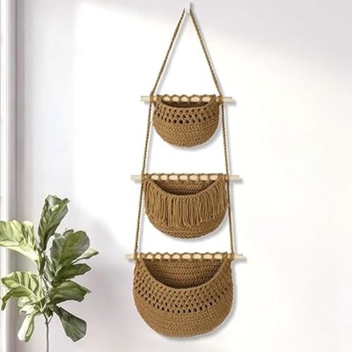 Boho Style Handwoven Rope Hanging Basket - 3-Tier Detachable Storage Organizer for Kitchen/Bathroom/Entryway, 3 Included Heavy-Duty Hooks, 7 Color Options Available (Brown)