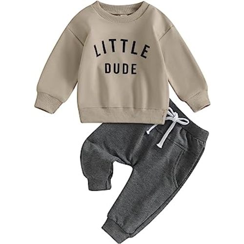 Baby Toddler Boys Fall Winter Outfits Little Dude Letter Printed Long Sleeve Sweatshirts Pants 2Pcs Clothes Set