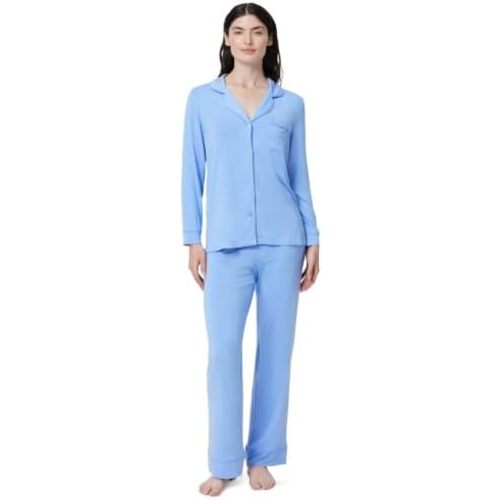 Amazon Essentials x Sofia Grainge Women's Stretch Modal Long-Sleeve Button-Front Top and Full-Length Bottom Pajama Set