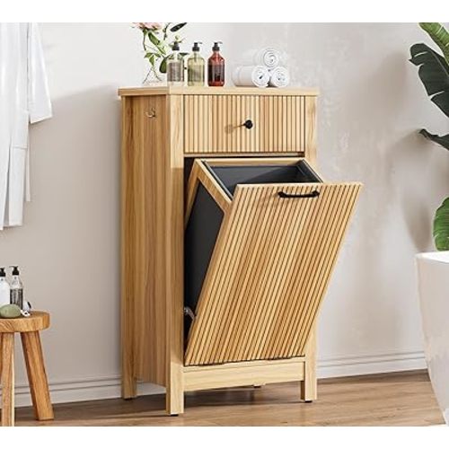 Tilt-Out Laundry Hamper Cabinet with Drawer, 10 Gallon Fluted Trash Can Cabinet with Laundry Basket, Hidden Wood Garbage Can Bin Cabinets for Bathroom & Kitchen, Natural Oak