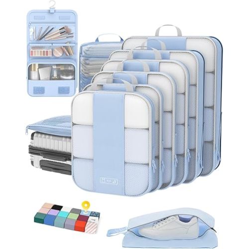 10 Set Compression Packing Cubes for Travel Essentials,Compressible Expandable Packing Cubes for Suitcase,OlarHike Luggage Organizer Bags for Travel,Handy Helper for Organizing Clothes(Light Blue)