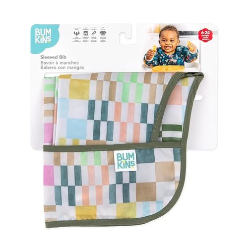 Bumkins Sleeved Bib for Girl or Boy, Baby and Toddler for 6-24 Mos, Essential Must Have for Eating, Feeding, Baby Led Weaning Supplies, Long Sleeve Mess Saving Food Catcher, Soft Fabric, Multi Check