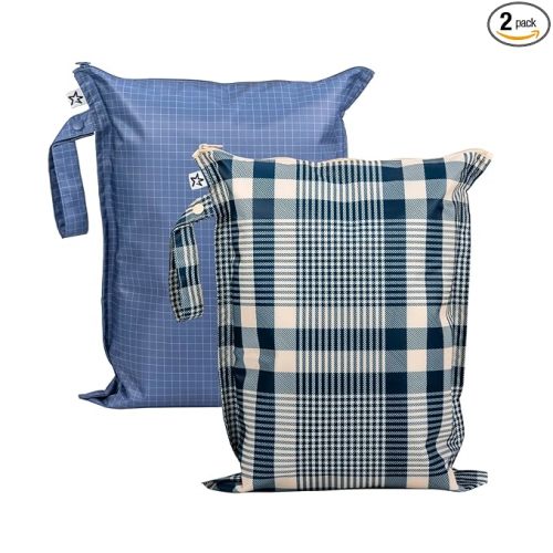 Tiny Twinkle Mess Proof Wet Bags | 2-Pack Reusable Waterproof Wet Bags for Swimsuits | Baby Clothes | Travel & Diaper Bag (Gingham,Grid)