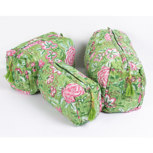 Set Of 3 Quilted Toiletry Bag, Block Print Make Up Bag, Cosmetic Bag - Free Shipping
