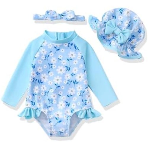 Baby Girl Swimsuit Long Sleeve One-Piece Swimwear with Hat Rash Guard Ruffle Floral Zipper Beach Infant Bathing Suit