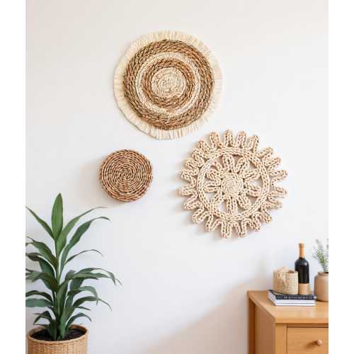 Boho Woven Wall Hanging Basket Set of 3, Natural Rattan Wall Art with Fringe and Sunflower Design, Handmade Rustic Wall Decor