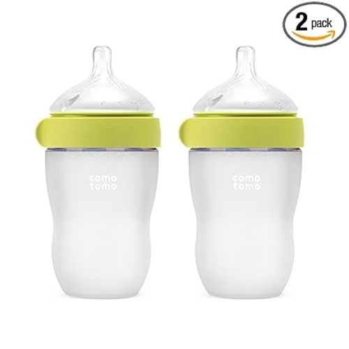 Comotomo Silicone Baby Bottle Gen 2 – 2026 Release (8oz) – Soft, Wide-Neck Bottle for Comfortable Feeding with Dual Anti Colic Vents (Includes Medium Flow Nipples), Green (Double Pack)