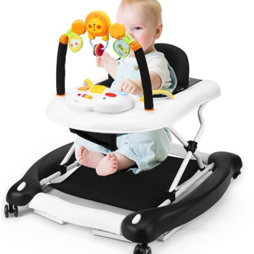 Baby Walker, 5-in-1 Baby Walkers for Boys and Girls 6-12 Months with Bouncer, Removable Footrest, Feeding Tray & Music, Foldable & Adjustable Activity Walker for 6-18 Months Toddler Infant