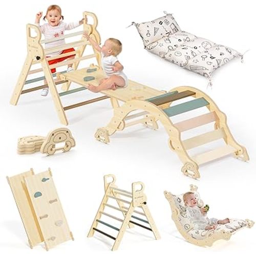 BlueWood Pikler Triangle Set with Cushion, 8-in-1 Climbing Toys for Toddlers, Montessori Philosophy Play Jungle Gym with Arch, Ramp, Ladder(Mauve Pink)