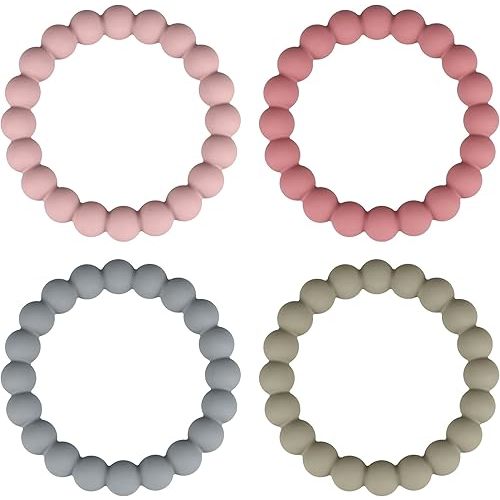 Silicone Teether Rings, 4 Neutral (White, Beige, etc.) Baby Teether Bracelets for 3m+ Babies to Self-Soothe