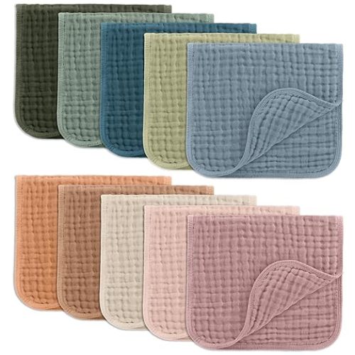 Comfy Cubs Muslin Burp Cloths 20" x 10", Pack of 10 - Large, 6-Layer, Ultra Absorbent 100% Cotton for Baby Drool and Messes - Soft, Safe & Gentle Baby Burp Cloths for Boys & Girls - Multi