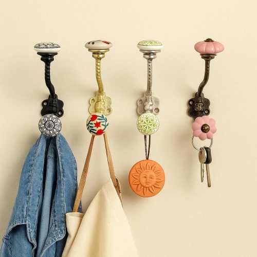 Vintage Ceramic Wall Hooks Set – Decorative Coat & Key Hangers, Boho Wall Décor, Colorful Ceramic Knobs, Rustic Entryway Hooks