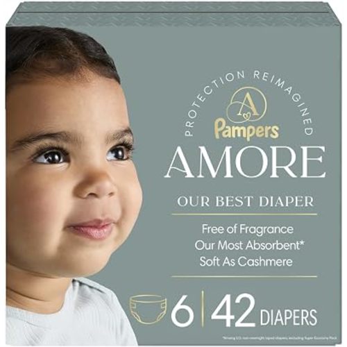 Pampers Amore, Size 6 (23-44 lbs), 42 Count, Our Best Diaper – Hypoallergenic & Fragrance Free, Up to 100% Leakproof, Soft as Cashmere
