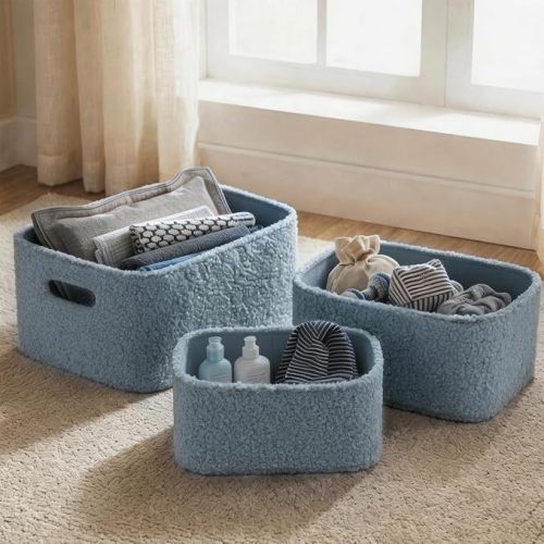 Boucle Storage Baskets Set of 3, Luxury Handmade Nursery Organizing Storage Bins, Nesting Shelf Baskets Decorative Boxes for Gifts, Toy Box for Shelf Closet Home Organization, Dusty Blue