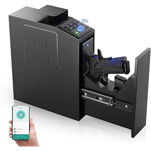 Gun safe, Biometric Slider safe for handgun, 4 Ways Unlock with Fingerprint, Key Access,Code, Mounted Nightstand Pistol Safe and Gun Lock Box for Car, Truck,Wall,Valentines Day Gifts for Him