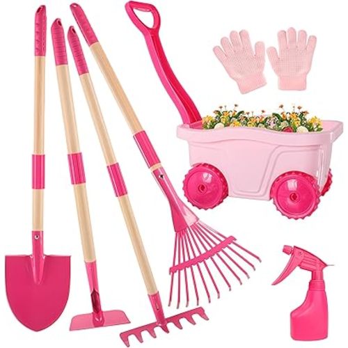 Kids Gardening Tools Set – 7pcs Wheelbarrow Set with Shovel, Rake, Pink