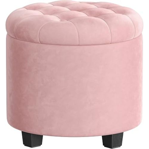SONGMICS Vanity Stool, Round Ottoman with Storage, Velvet