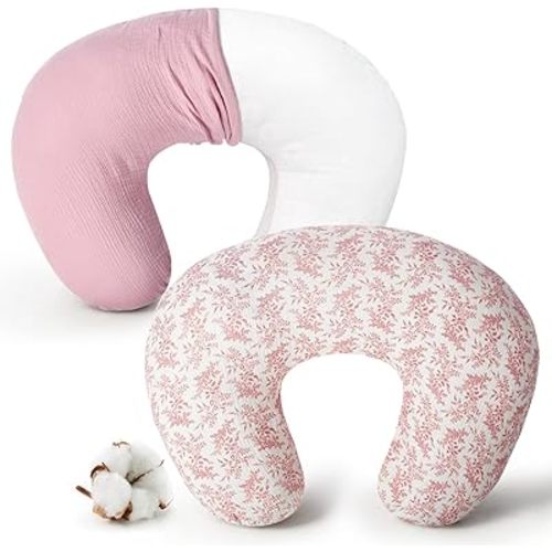 FUNUPUP Muslin Nursing Pillow Cover Compatible with Boppy Nursing Pillow, Soft Baby Nursing Covers for Breastfeeding Pillows for Boys Girls, only Cover, Pink & Pink Leaves