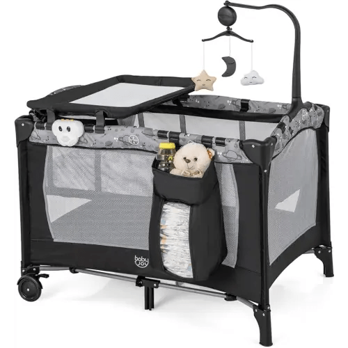 BABY JOY 3 in 1 Pack and Play, Portable Baby Playard with Bassinet, Changing Table, Lockable Wheels, Glowing Music Box, Travel Baby Crib Bassinet Bed from Newborn to Toddler