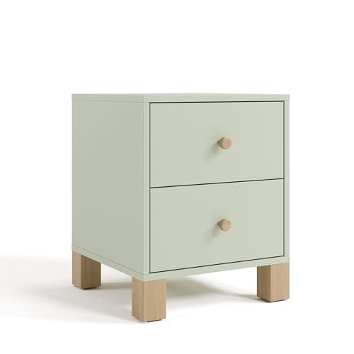 Storkcraft California 2 Drawer Nightstand, Sage with Driftwood | GREENGUARD Gold Certified Nightstand for Kids Bedroom, Premium Wood Storage with Elegant, Iconic Block Feet