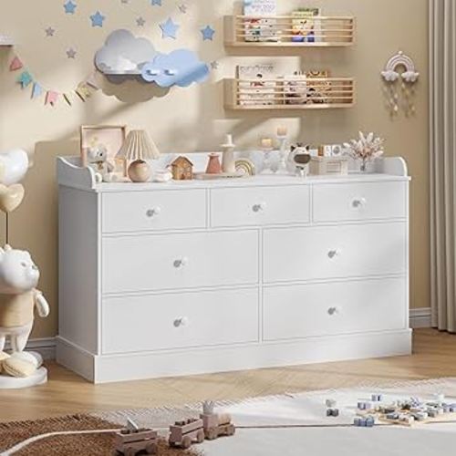 Vabches Kids Dresser Cabinet with 7 Drawers and Large Table Top, Multi-Functional Chest of Drawers, Baby Dresser, Kids Bedroom Furniture, Nightstand for Child’s Room, White