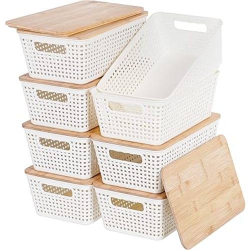 Storage Bins with Lids 8 Packs, Plastic Storage Bins with Bamboo Lids for Pantry Organization and Storage Containers for Shelves Drawers Desktop Closet Playroom Classroom Office Home, White