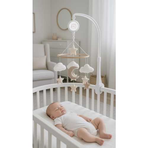 Handmade Boucle Baby Mobile: Felt Moon, Stars & Clouds - Neutral Nursery Decor