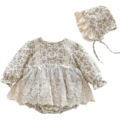 Baby Girl Floral Romper, Long Sleeve Lace Dress Bodysuit with Bonnet, Princess Style Outfit for Newborn and Infant