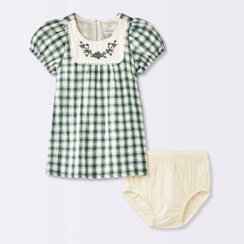 Baby Girls' Gingham Heirloom Bib Dress - Cloud Island™ Green 0-3M: Cottagecore