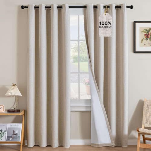 H.VERSAILTEX 100% Blackout Linen Curtains 84" L 2 Panels Heathered Natural | Total Black Out Drapes, Room Darkening Thermal Insulated, Grommet, GRS Certified, 52"W x 84"L Each for Bedroom/Living Room