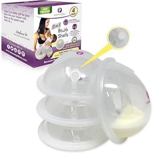 Mommyz Love Breast Shells & Milk Catcher for Breastfeeding New Model with Plugs - Breast Milk Catcher to Relieve Cracked Sore & Engorged Nipples - Breast Shells Milk Collector for Leaking Milk 4 Pack