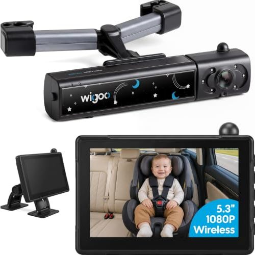Wigoo Wireless Baby Car Camera for Rear Facing Seat with Monitor | 1080P, Night Vision, 150° Wide View, 5.3" Display, Long Runtime, Auto On/Off, Adjustable Brightness, Fits Front & Rear Seats