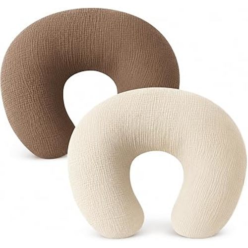 Pro Goleem Muslin Nursing Pillow Cover, 100% Cotton Soft Breathable Feeding Pillow Slipcover for Breastfeeding Moms, Fits Standard Infant Nursing Pillow, for Boys and Girls, 2 Pack (Brown＆Beige)