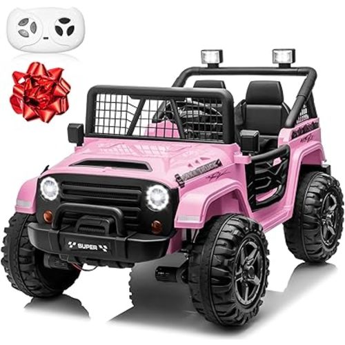 24V XL Ride on Car with Remote Control, 2 Seater 4WD/2WD Switchable Electric Car for Kids w/20 Inch Wide Seat, Gift Flower, 4X200W Power Car Wheels 24 Volt Big Trucks for Boys Girls, Pink