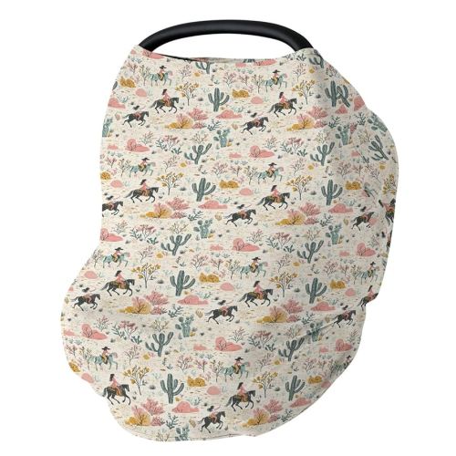 Vintage Western Cowgirl Baby Car Seat Covers Retro Cowgirl Horse Cactus Stretchy 5-in-1 Cover Adjustable Infant Carseat Canopy Cover Wild Desert Country Breathable Nursing Cover-Up