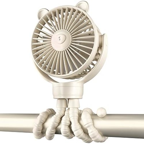 Portable Stroller Mini Fan, Small Rechargeable Personal Cooler w/ 360° Rotation, Baby Essentials for Car Seat, Crib, Bike, Treadmill, 3-Speed Battery Powered Stroller Accessories, Beige