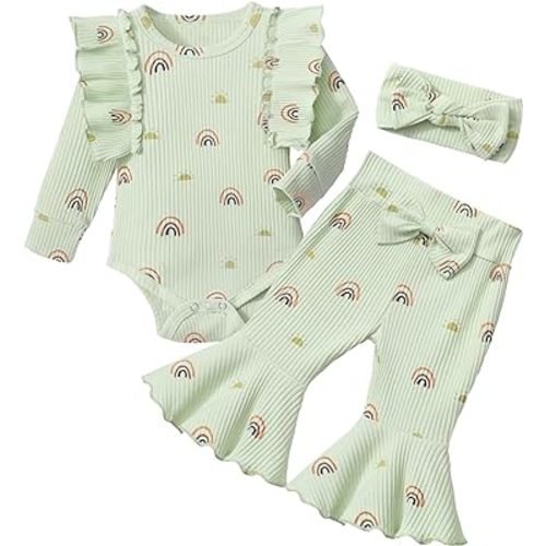 Newborn Baby Girl Clothes Rainbow Ruffle Long Sleeve Romper Bell Bottoms Headband Fall Winter Outfits 3Pcs