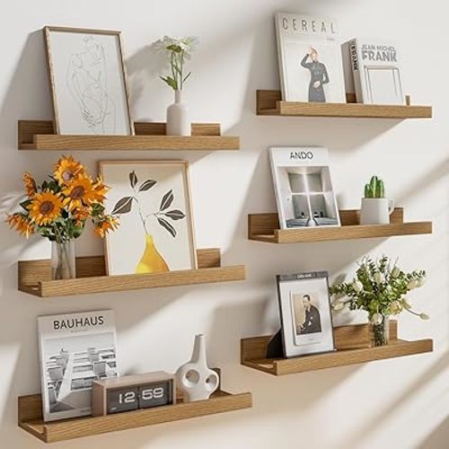 Heimlove Floating Shelves Set of 6, 24" Wall Mounted Picture Ledge, Display Shelf Organizer for Decor Storage, Wall Mounted Shelves for Living Room, Bedroom, Bathroom, Kitchen (Oak)