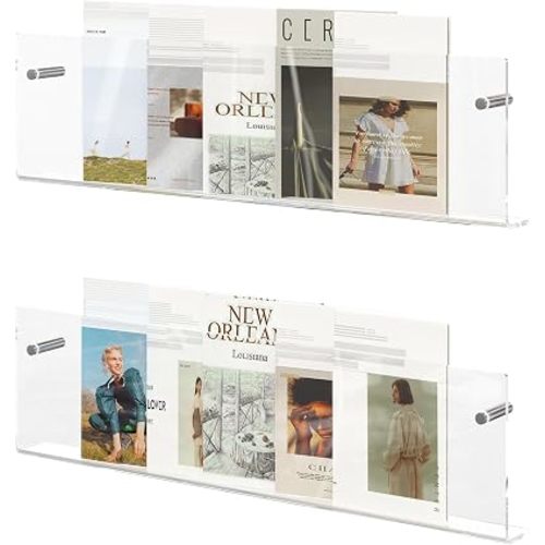 Acrylic Magazine Holder, 2 Pack Hanging Bookshelf Magazine Rack, Wall Mounted Floating Brochure Display for Waiting Room, Office, Home (Clear, 24 Inch)