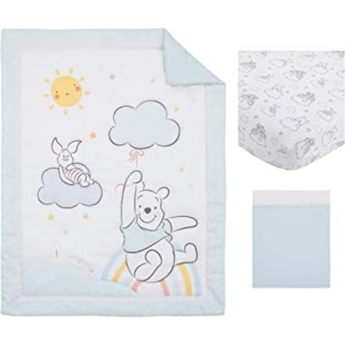Disney Winnie The Pooh Hello Sunshine Multi-Colored Rainbow, Yellow Sun & Blue Clouds 3Piece Nursery Crib Bedding Set - Comforter, Fitted Crib Sheet & Crib Skirt, Aqua, Yellow, Orange, White