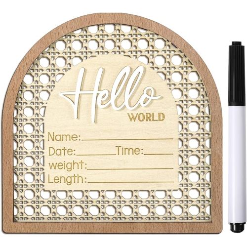 Baby Announcement Sign with Pen, 5.5in Wooden Arched Baby Shower Welcome Sign, Hello World Newborn Welcome Signs Birth Name Tag, Can be Used for Photo Props, Babys Shower, Nursery, Newborn Gift