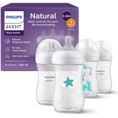 Philips Avent Natural Baby Bottles with Natural Response Nipples (Medium Flow, Flow 3), with Seahorse and Starfish Design, 9oz, 4-Pack, SCY903/68