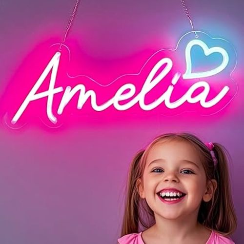 Amelia Neon Sign, Amelia Name Sign – LED Name Light in Pink with Ice Blue Heart – Adjustable Brightness - Cute Room Decor for Girls, Teens, Bedroom, Nursery, Wall, Birthday Party (Amelia - Pink)