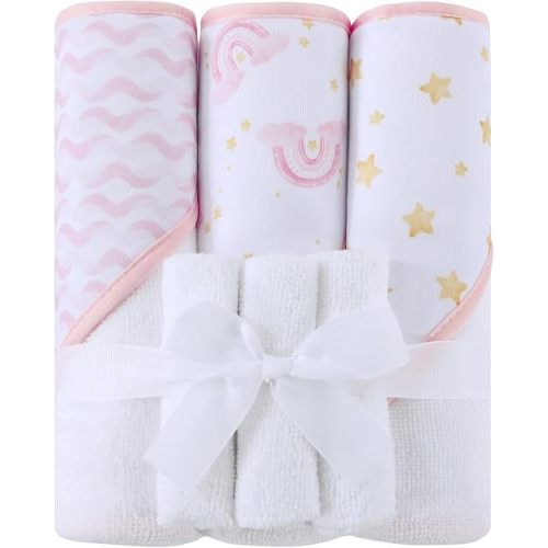 Viviland 6 Pcs Hooded Baby Towels and Washcloths Set, Super Gentle Bath Towels for Newborn Face & Body, Absorbent Wash Cloth for Infants Girls, Pink-Rainbow Pattern, 28 x 28 inch