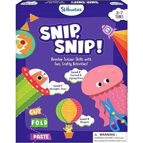 Skillmatics Scissor Skills Activity Book - Snip Snip, 25 Fun Cutting & Creative Activities, 2 Child-Safe Scissors, Felt Craft Kit, Classroom Valentine’s Day Gift for Kids Ages 3, 4, 5, 6, 7