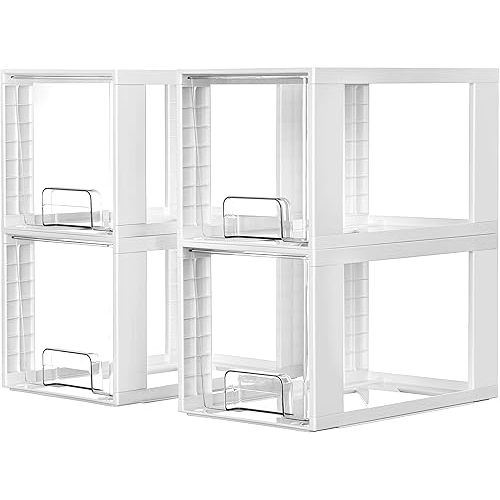 Vtopmart 4 Pack Large Stackable Storage Drawers,White,Easily Assemble Acrylic Bathroom Closet Undersink Organizers and Storage,Plastic Bins for Kitchen Cabinets,Pantry,Makeup,Medicine Organization