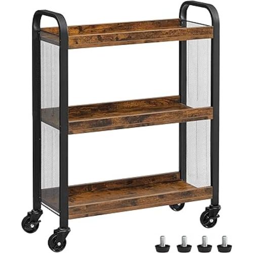 VASAGLE 3-Tier Narrow Storage Cart, Rolling Cart with Wheels, Steel Frame, Slim Storage Cart for Kitchen, Dining Room, Laundry Room, Adjustable Feet Included, Industrial Style, Rustic Brown and Black