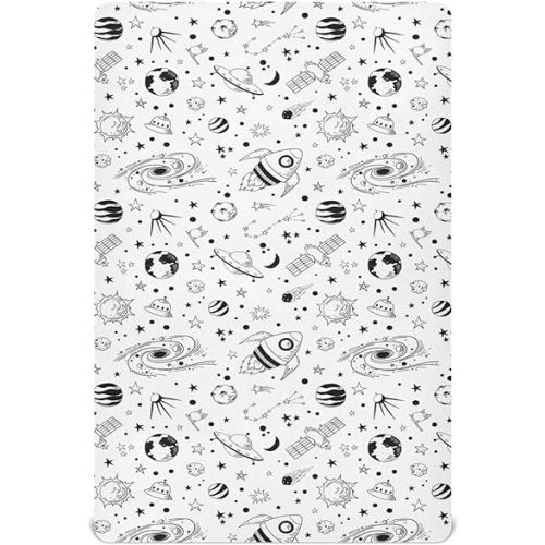 Space Planet Crib Sheets for Boys Girl White Galaxy Rockets Universe Star Mattress Cover Cute Cartoon Unisex Toddler Baby Bed Sheets Fitted Standard Crib Sheets 28x52 Inch