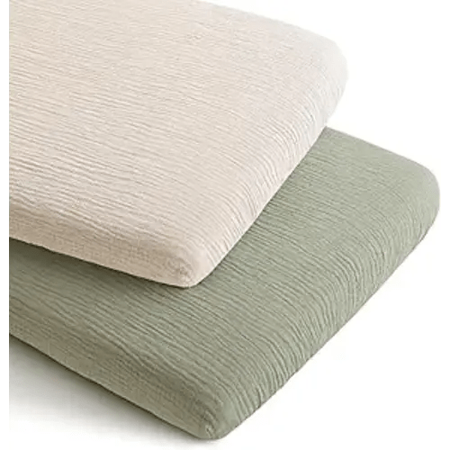 Konssy 2 Pack Muslin Bassinet Sheets for Boys, Girls, 100% Cotton Soft Breathable Fitted Bassinet Mattress Sheet, 33 x 21 inches (Fog Green,Cream)